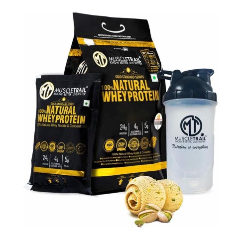 1 - Muscle Trail Gold Standard Series 100% Natural Whey Protein,  60 sachets/pack  Kulfi Pista (with Free Shaker Inside) 