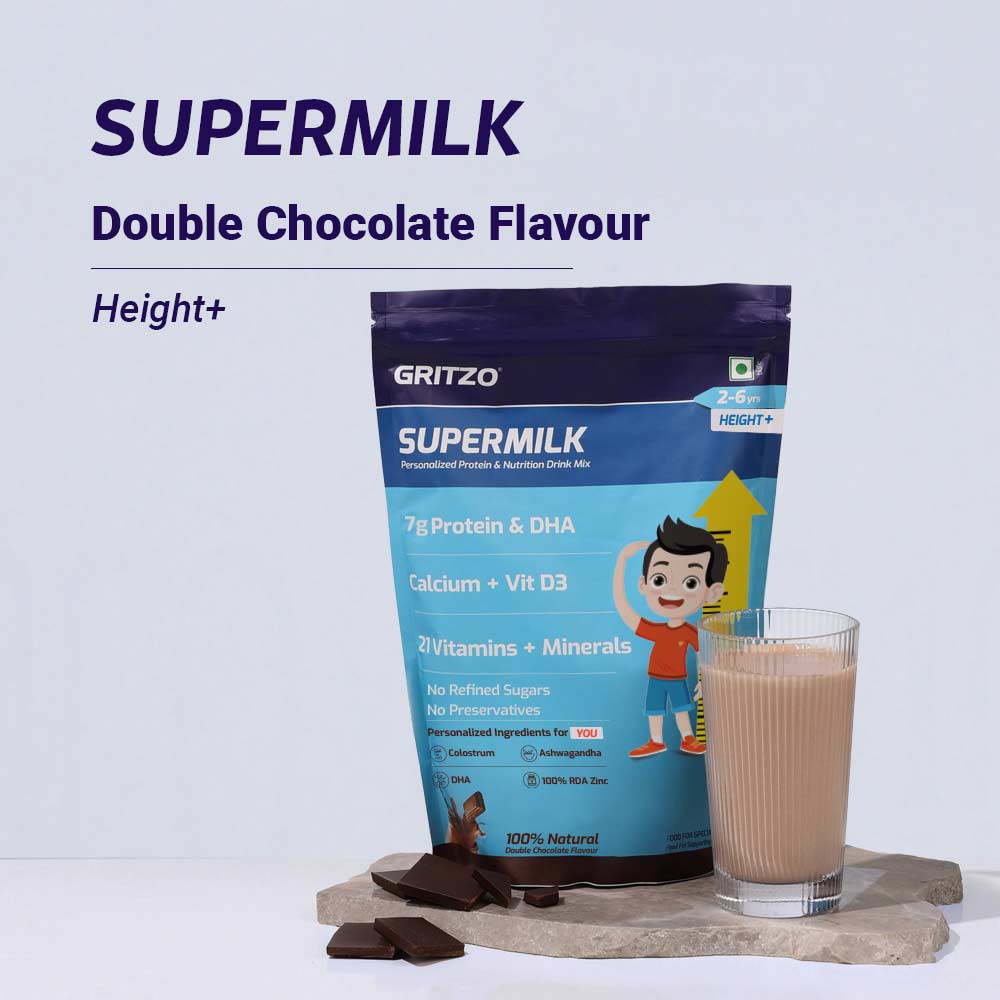 2 - Supermilk Gritzo Height+ for Boy/Girl 2-6 Yrs Personalized Protein & Nutrition Drink Mix,  800 g  Double Chocolate