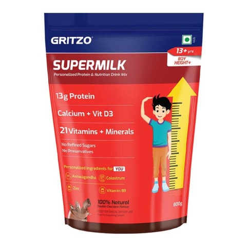 9 - Supermilk Gritzo Height+ for 13+ Yrs Boys Personalized Protein & Nutrition Drink Mix,  800 g  Double Chocolate 