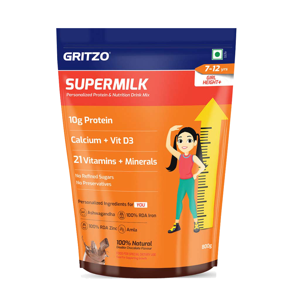 10 - Supermilk Height+ for Girl 7 to 12 years, 800 g Double Chocolate 7-12 Yrs Girl Height+ With Unrefined Sugar