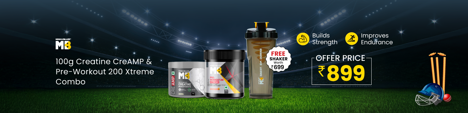 MuscleBlaze Creatine Monohydrate CreAMP & PRE Workout 200 Xtreme 0.22 lb Combo | Offer Price 899 + Free Shaker
