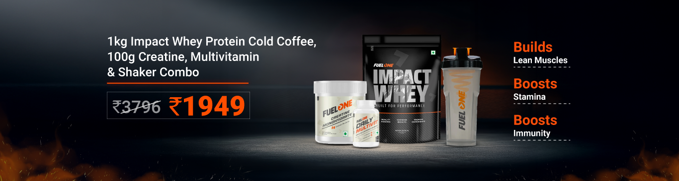 Fuel One Impact Whey Protein 1kg Cold Coffee & Creatine Monohydrate 100g & Daily Multivitamin 30 Tabs & Shaker Combo