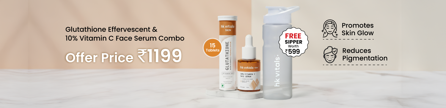 HealthKart HK Vitals Glutathione Effervescent Orange 15 tabs & 10% Vitamin C Face Serum 30 ml Combo | Offer Price Rs. 1199 + Free Shaker