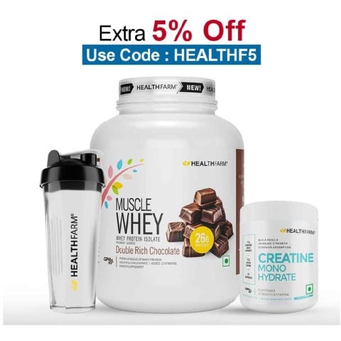 Healthfarm Muscle Whey 4.4lb with Creatine Monohydrate 0.55lb Combo,  3 Piece(s)/Pack  Double Rich Chocolate & Unflavoured (with Shaker) 
