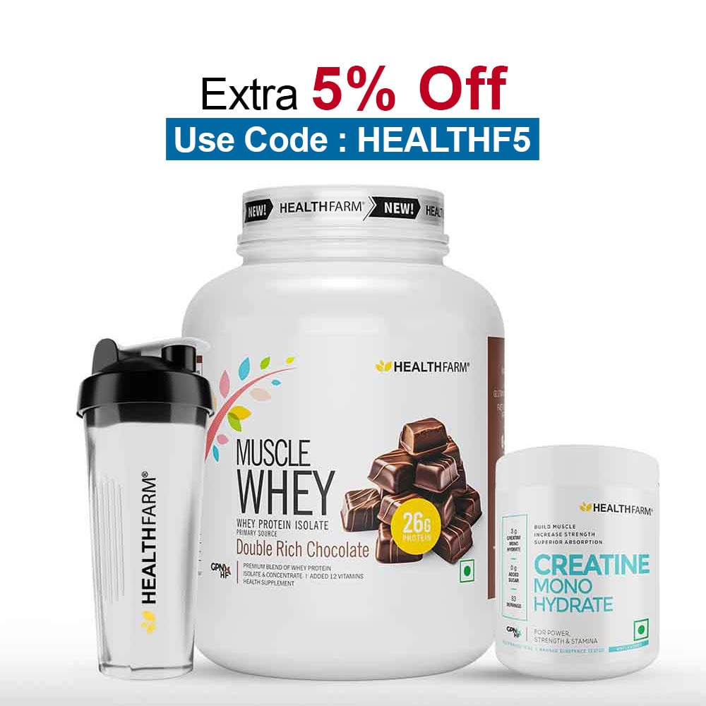 Healthfarm Muscle Whey 4.4lb with Creatine Monohydrate 0.55lb Combo,  3 Piece(s)/Pack  Double Rich Chocolate & Unflavoured (with Shaker) 