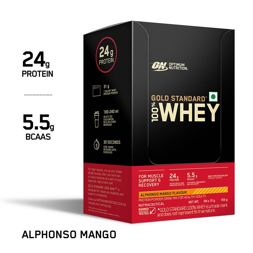 9 - ON (Optimum Nutrition) Gold Standard 100% Whey Protein,  5 sachets/pack  Alphonso Mango 