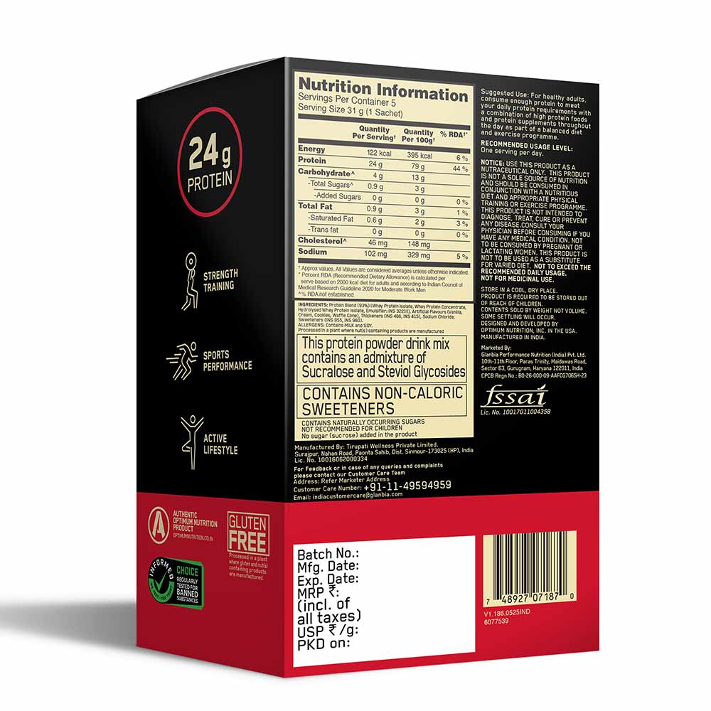 13 - ON (Optimum Nutrition) Gold Standard 100% Whey Protein,  5 sachets/pack  Vanilla Ice Cream 