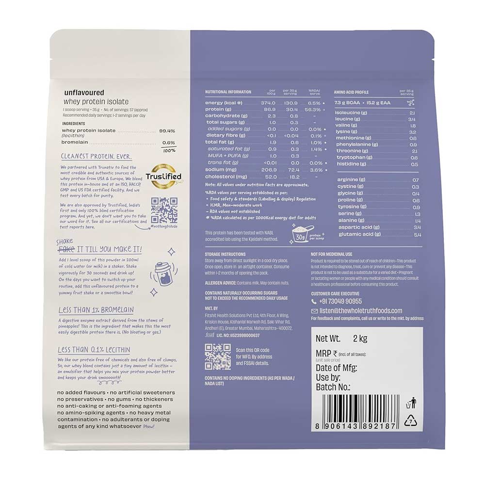 2 - The Whole Truth Raw Whey Protein Isolate,  4.4 lb  Unflavoured 