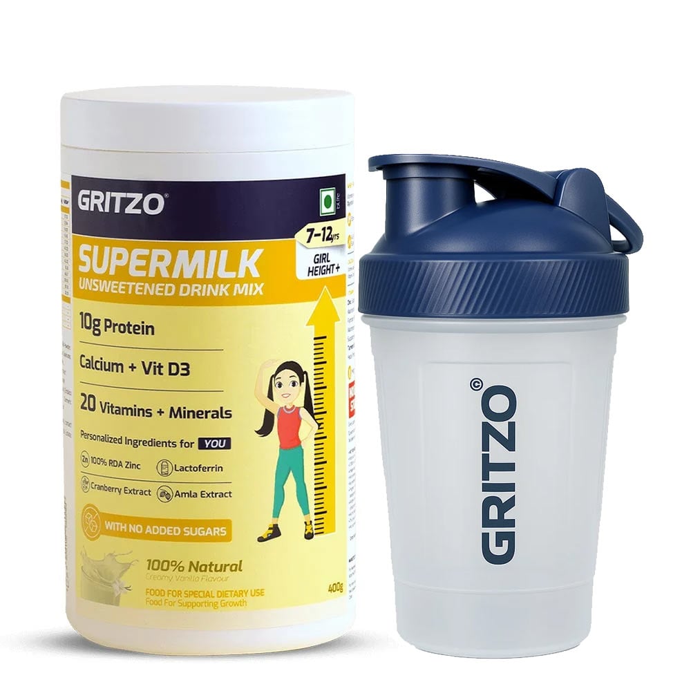 Supermilk Height+ Unsweetened for Girl 7 to 12 Yrs 400g Creamy Vanilla and Shaker Combo