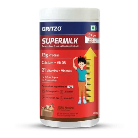 1 - Supermilk Gritzo Height+ for 13+ Yrs Boys Personalized Protein & Nutrition Drink Mix OP,  400 g  Cafe Mocha 