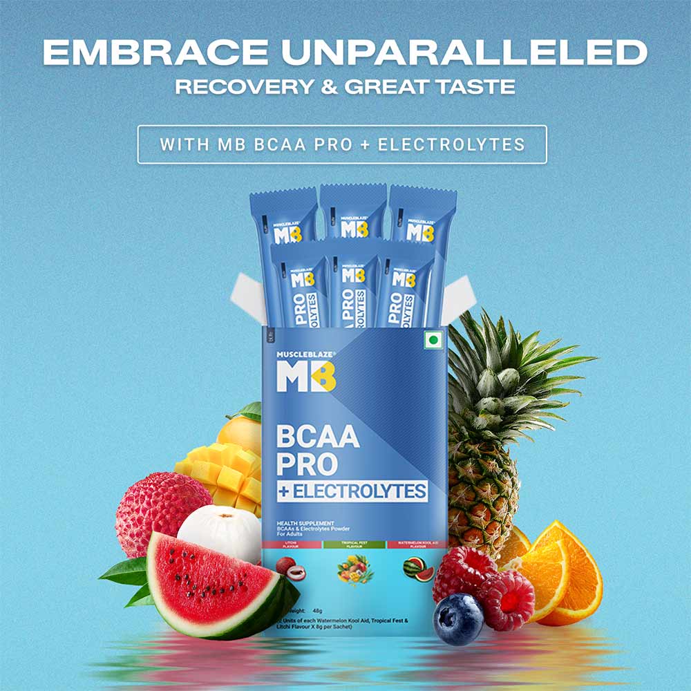 15 - MuscleBlaze BCAA PRO + ELECTROLYTES,  48 g  6 Servings  Tropical fest, Litchi & Watermelon kool Aid