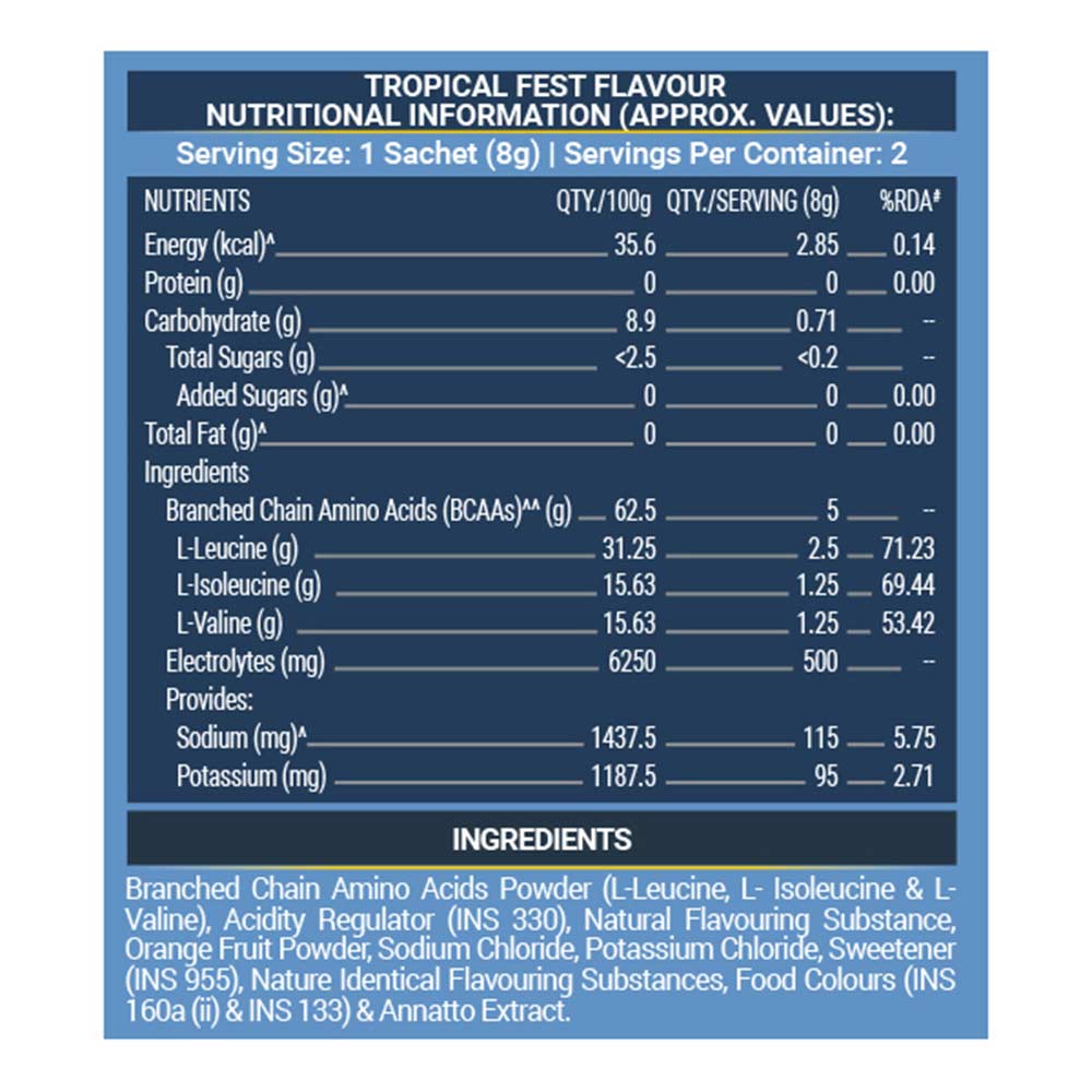 8 - MuscleBlaze BCAA PRO + ELECTROLYTES,  48 g  6 Servings  Tropical fest, Litchi & Watermelon kool Aid