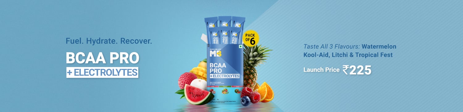 MuscleBlaze BCAA PRO + ELECTROLYTES, 48 g, 6 Servings, Tropical fest, Litchi & Watermelon kool Aid | Launch - 225