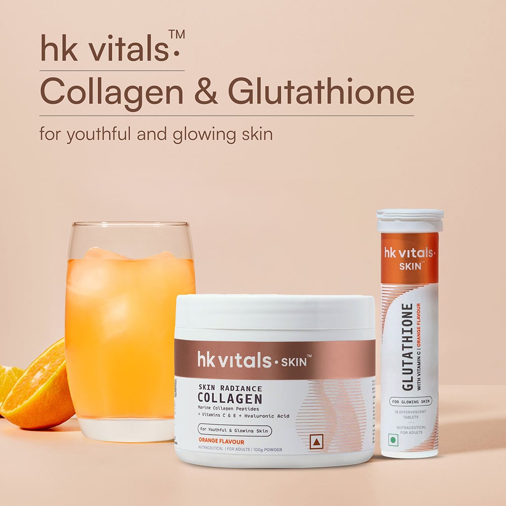 1 - HealthKart HK Vitals Skin Radiance Collagen 100 g Orange with HK Vitals Glutathione Effervescent,  15 tablet(s)  Orange