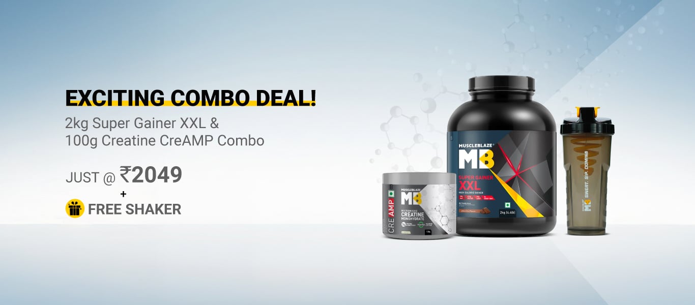 MuscleBlaze Super Gainer XXL 2 kg Chocolate & Creatine Monohydrate CreAMP 100g Combo @ 2049 + Free Shaker