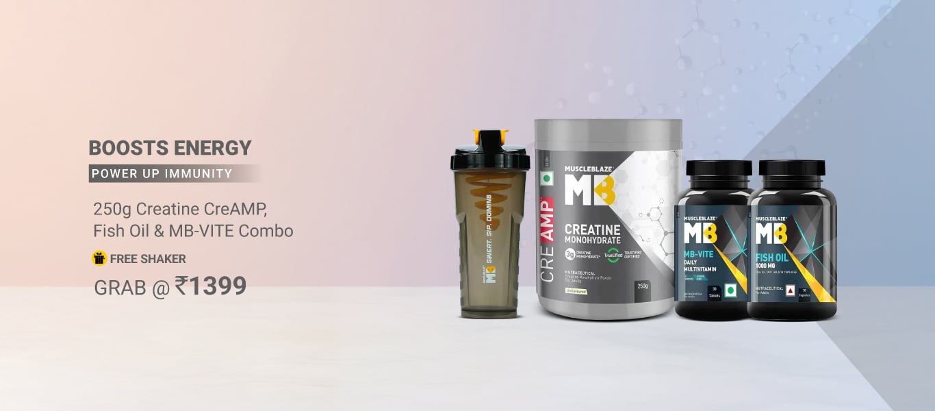 MuscleBlaze Creatine Monohydrate CreAMP 0.55 lb & Fish Oil & MB-VITE 30 Tabs Combo @ 1399 + Free Shaker
