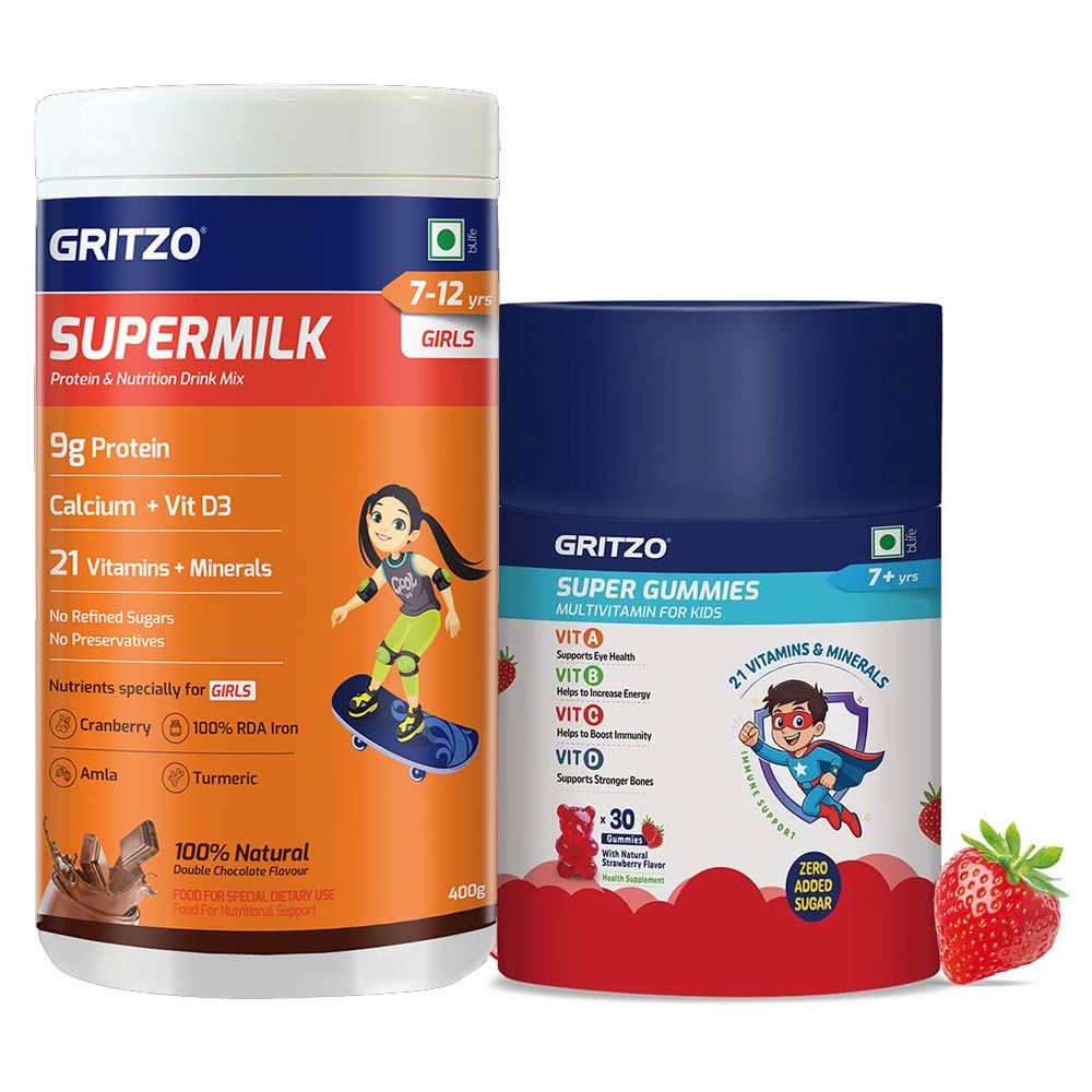 Gritzo SuperMilk Overall Growth for 7-12 Yrs Girls 400 g Double Chocolate & Gummies Multivitamin Combo