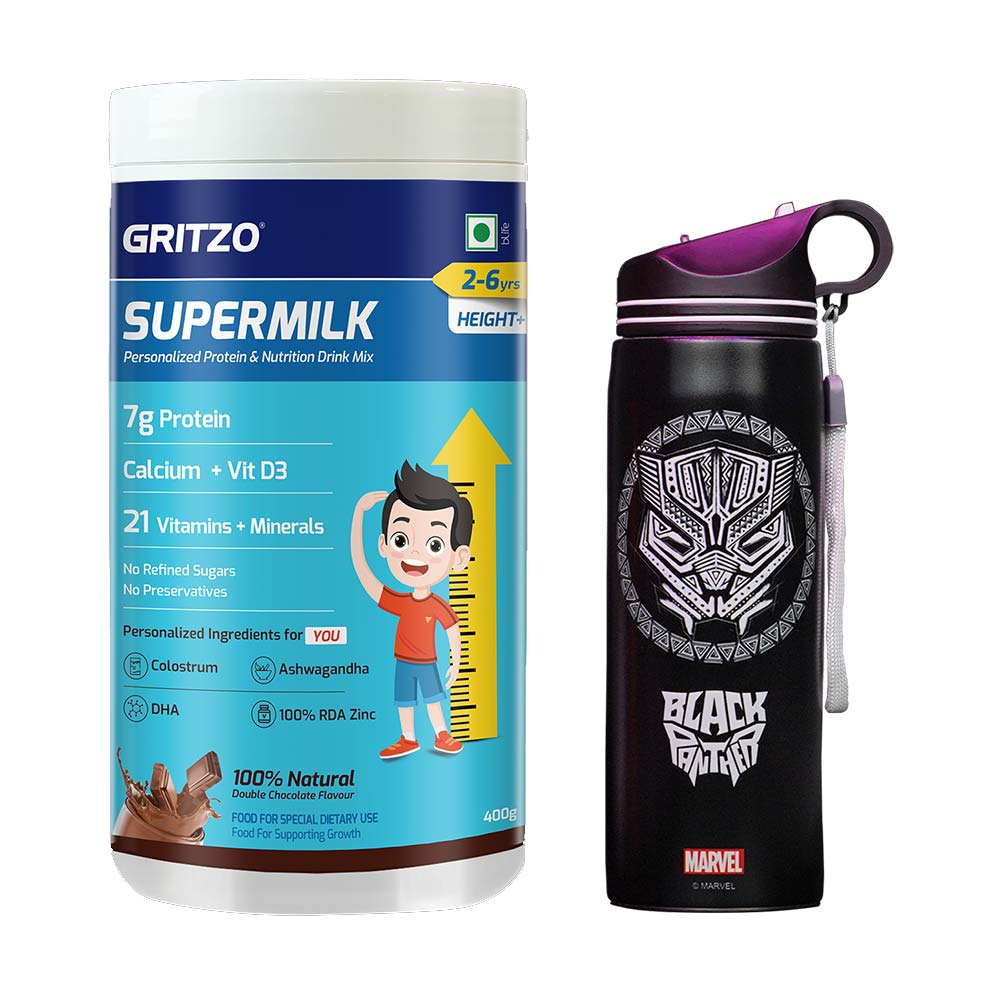 Supermilk Height+ for Boy/Girl 2 to 6 Yrs 400g and Black Panther Sipper 700ml Combo