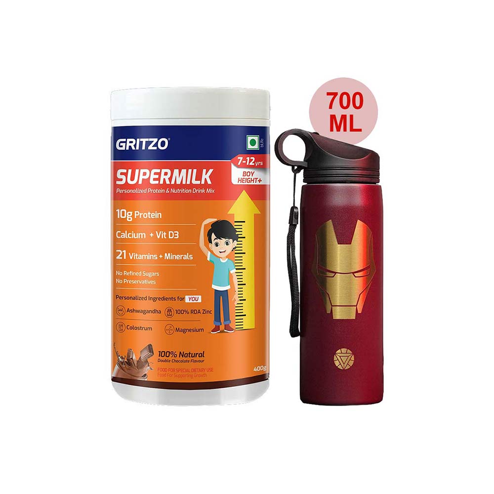 Supermilk Height+ for Boy 7 to 12 Yrs 400g and 700ml Iron Man Sipper Combo