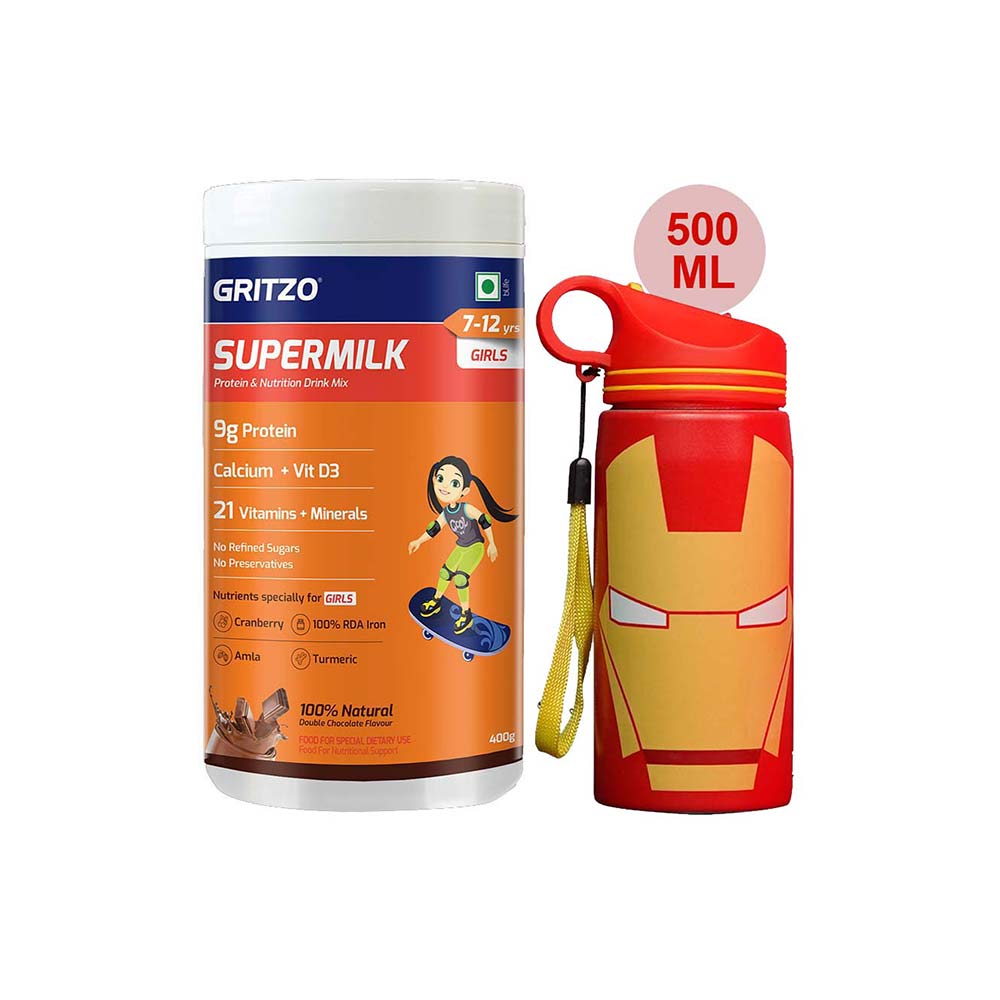 Supermilk Overall Growth for Girl 7 to 12 Yrs 400g and 500ml Iron Man Sipper Combo