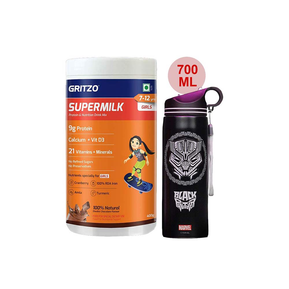 Supermilk Overall Growth for Girl 7 to 12 Yrs 400g and 700ml Black Panther Sipper Combo