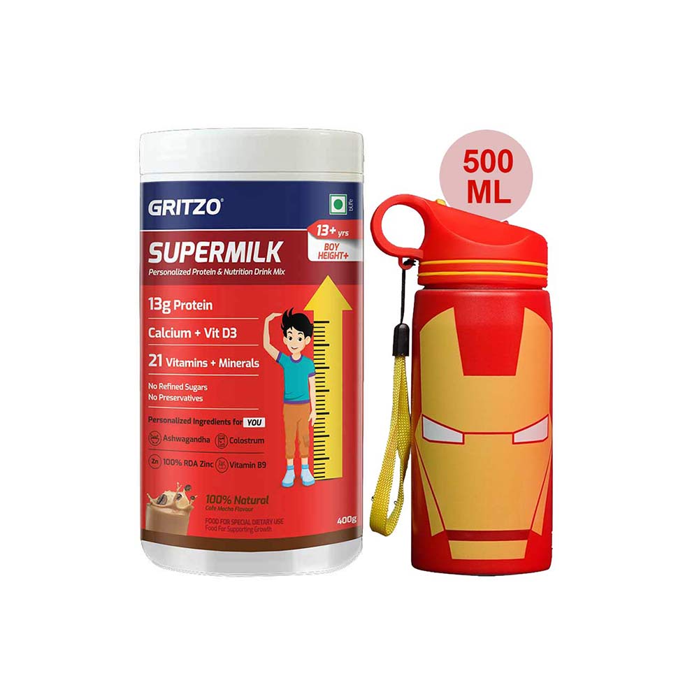 Supermilk Height+ for Boy 13+ Yrs 400g Cafe Mocha and 500ml Iron Man Sipper Combo