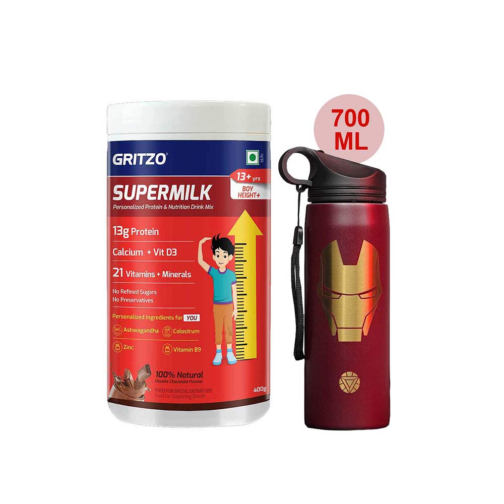 Supermilk Height+ for Boy 13+ Yrs 400g Double Chocolate and 700ml Iron Man Sipper Combo