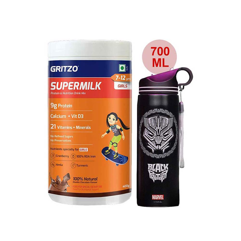 Supermilk Overall Growth for Girl 7 to 12 Yrs 400g and 700ml Black Panther Sipper Combo