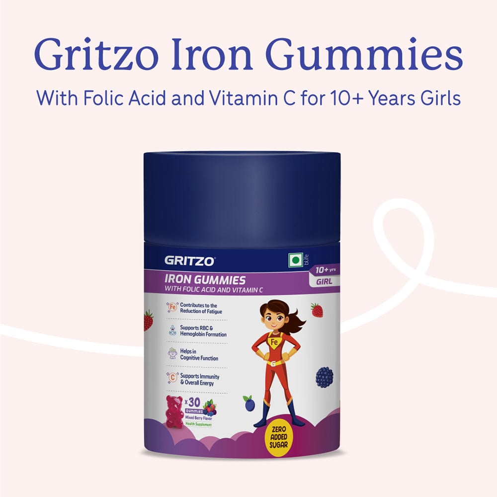 3 - Gritzo Iron Gummies with Folic Acid and Vitamin C for 10+ Years Girls,  30 gummies