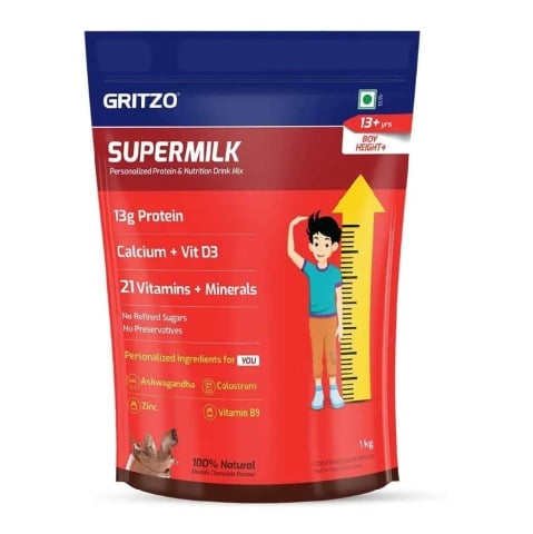 2 - Supermilk Gritzo Height+ for 13+ Yrs Boys Personalized Protein & Nutrition Drink Mix OP,  1 kg  Double Chocolate 