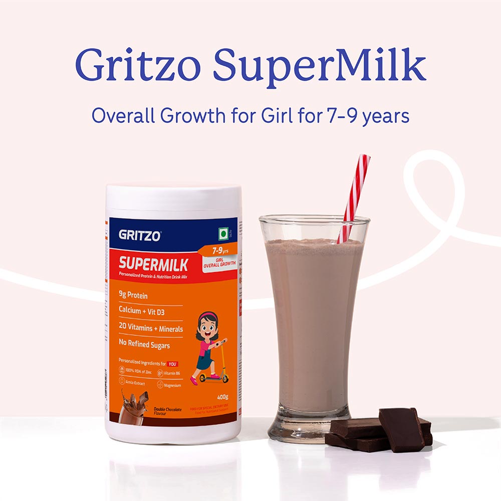 2 - Supermilk Gritzo Overall Growth For 7-9 Yrs Girl Personalized Protein & Nutrition Drink Mix,  400 g  Double Chocolate