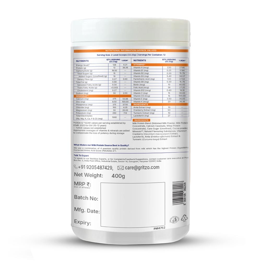 11 - Supermilk Gritzo Growth+ for Girl 10-12 Yrs,  400 g  Double Chocolate