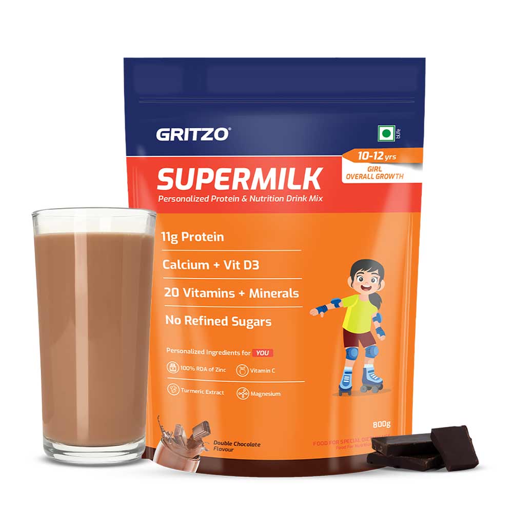15 - Supermilk Gritzo Overall Growth for 7-12 Yrs Girls Protein & Nutrition Drink Mix,  800 g  Double Chocolate 