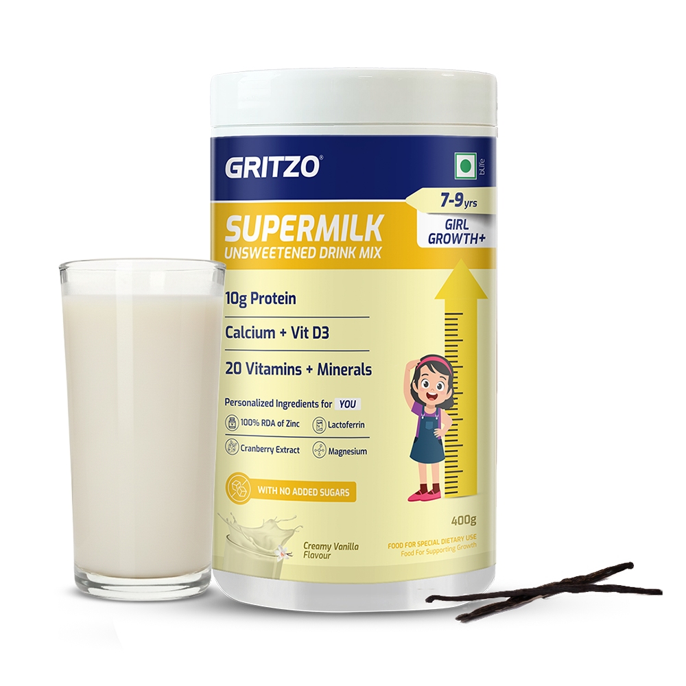 1 - Supermilk Growth+(Height+) Unsweetened for Girl 7 to 9 Years, 400 g Vanilla (Unsweetened) 7-9 Yrs Girl Growth+(Formerly Height+) No Added Sugar