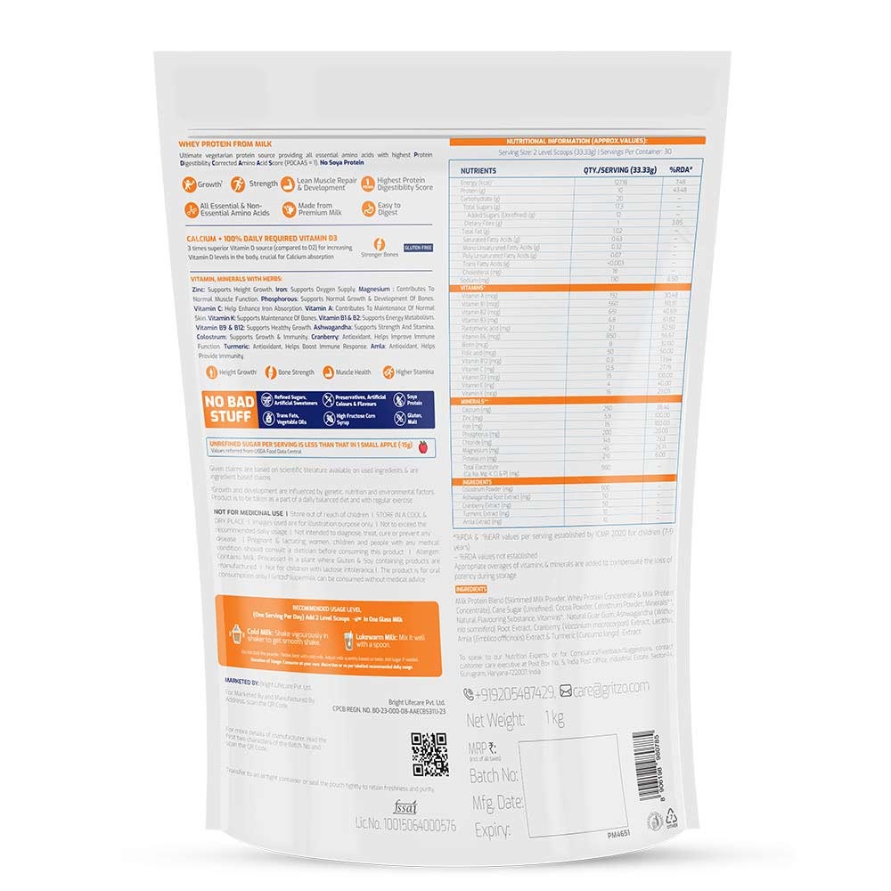 3 - Gritzo Supermilk Height+ for 7-12 Yrs Girls Personalized Protein & Nutrition Drink Mix OP,  1 kg  Double Chocolate (Pouch) 