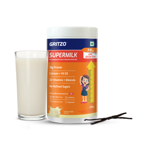 1 - Supermilk Gritzo Height+ for 7-12 Yrs Girls Personalized Protein & Nutrition Drink Mix,  400 g  Creamy Vanilla 