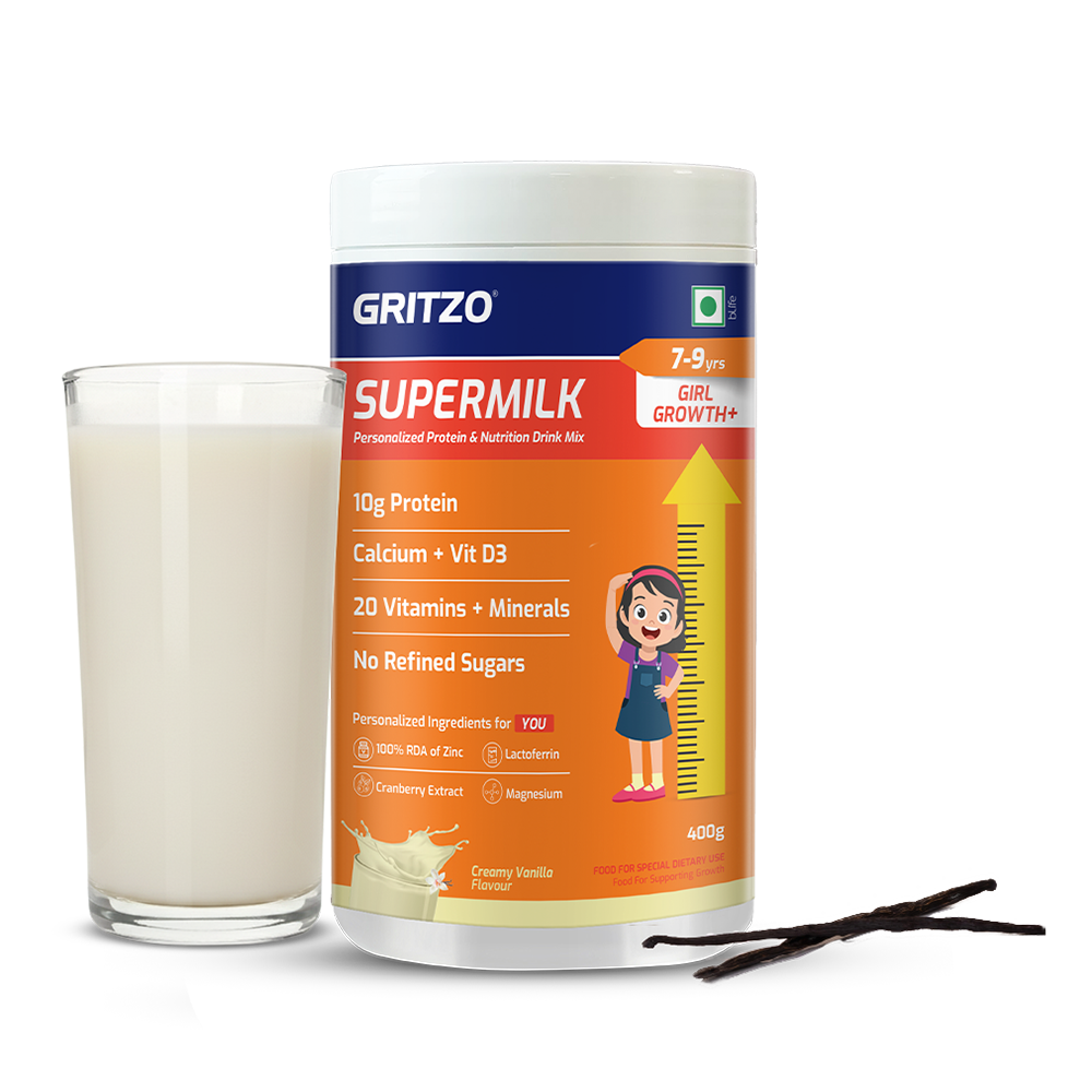 1 - Supermilk Gritzo Height+ for 7-12 Yrs Girls Personalized Protein & Nutrition Drink Mix,  400 g  Creamy Vanilla 