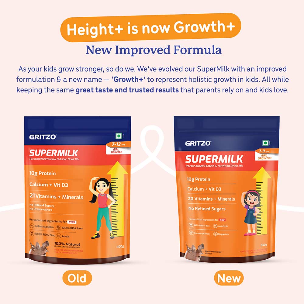 3 - Supermilk Gritzo Height+ for 7-12 Yrs Girls Personalized Protein & Nutrition Drink Mix,  800 g  Double Chocolate