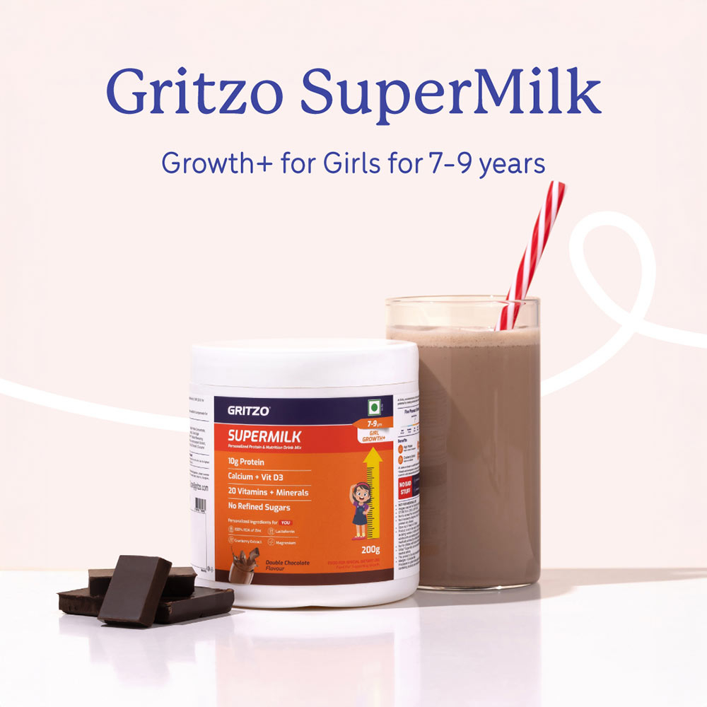 2 - Supermilk Gritzo Height+ for 7-12 Yrs Girls Personalized Protein & Nutrition Drink Mix,  200 g  Double Chocolate