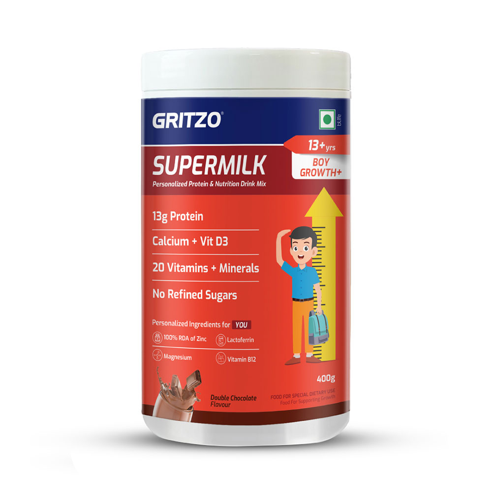 8 - Supermilk Gritzo Height+ for 13+ Yrs Boys Personalized Protein & Nutrition Drink Mix,  400 g  Double Chocolate