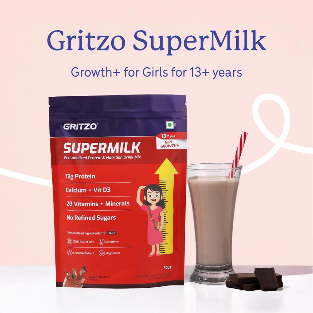 2 - Supermilk Gritzo Height+ for 13+ Yrs Girls Personalized Protein & Nutrition Drink Mix, 800 g Double Chocolate