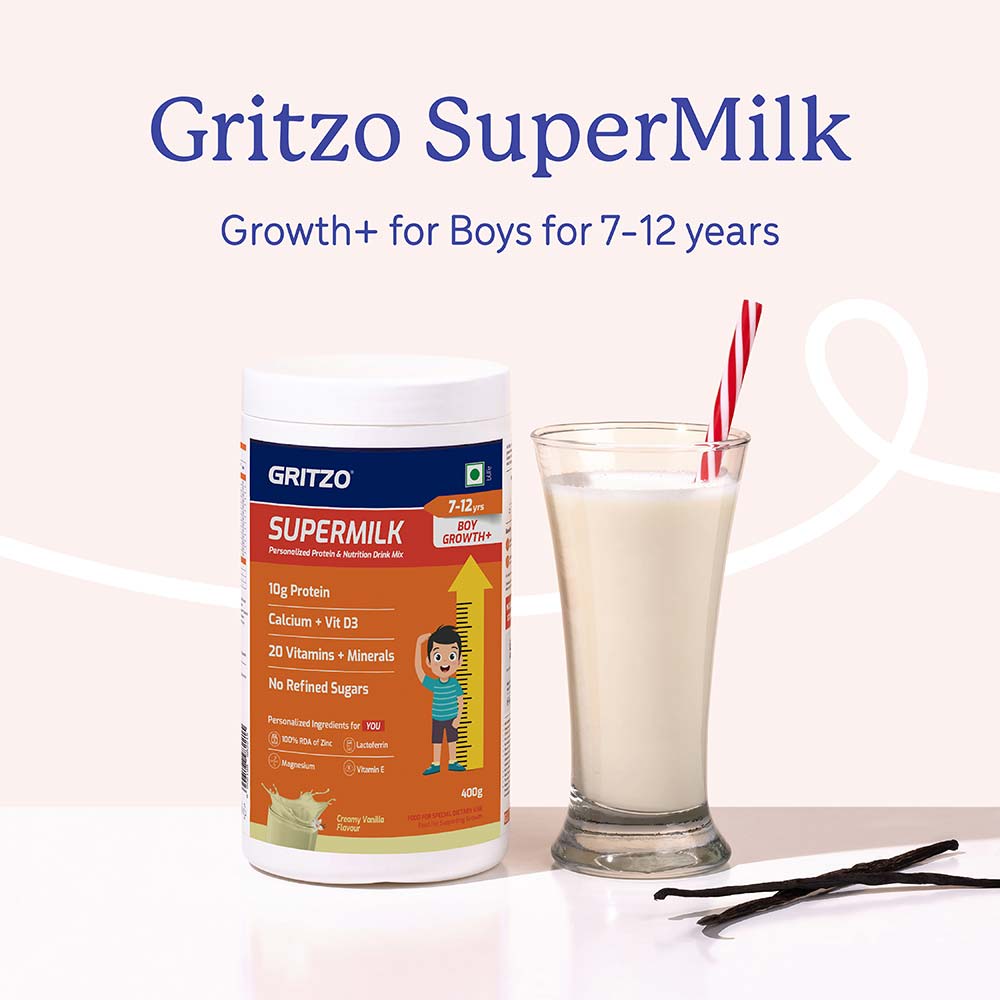 2 - Supermilk Gritzo Height+ for Boy 7-12 Yrs Personalized Protein & Nutrition Drink Mix,  400 g  Creamy Vanilla
