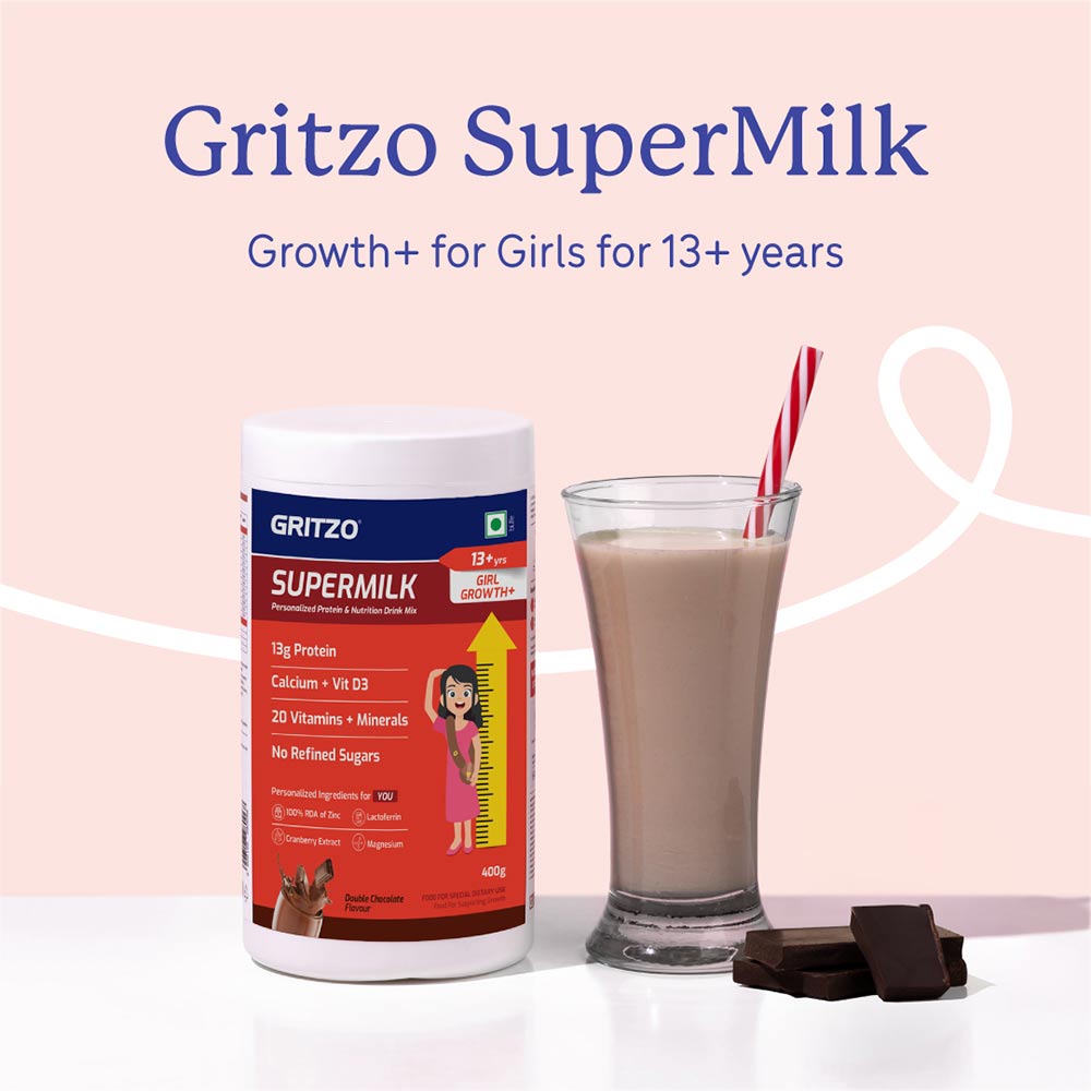 2 - Supermilk Gritzo Height+ for 13+ Yrs Girls Personalized Protein & Nutrition Drink Mix,  400 g  Double Chocolate