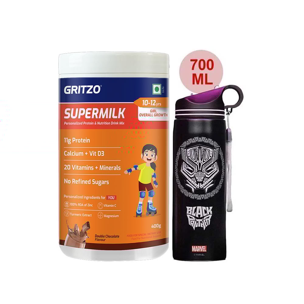 Supermilk Overall Growth for Girl 10 to 12 Yrs 400g and 700ml Black Panther Sipper Combo