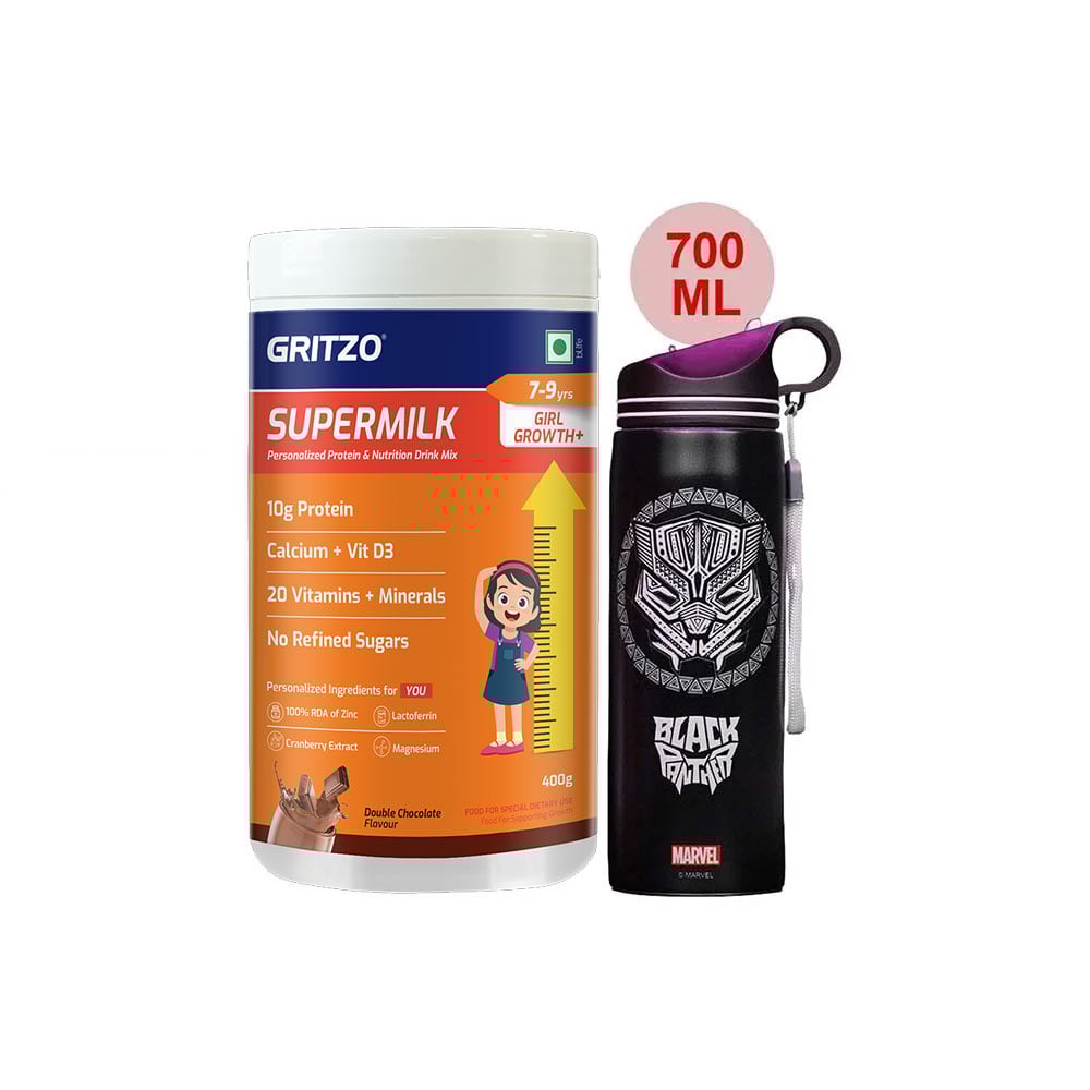 Supermilk Growth+ for Girl 7 to 9 Yrs 400g and 700ml Black Panther Sipper Combo
