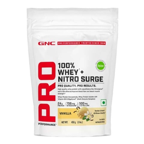 1 - GNC Pro Performance 100% Whey + Nitro Surge,  1 lb  Vanilla 