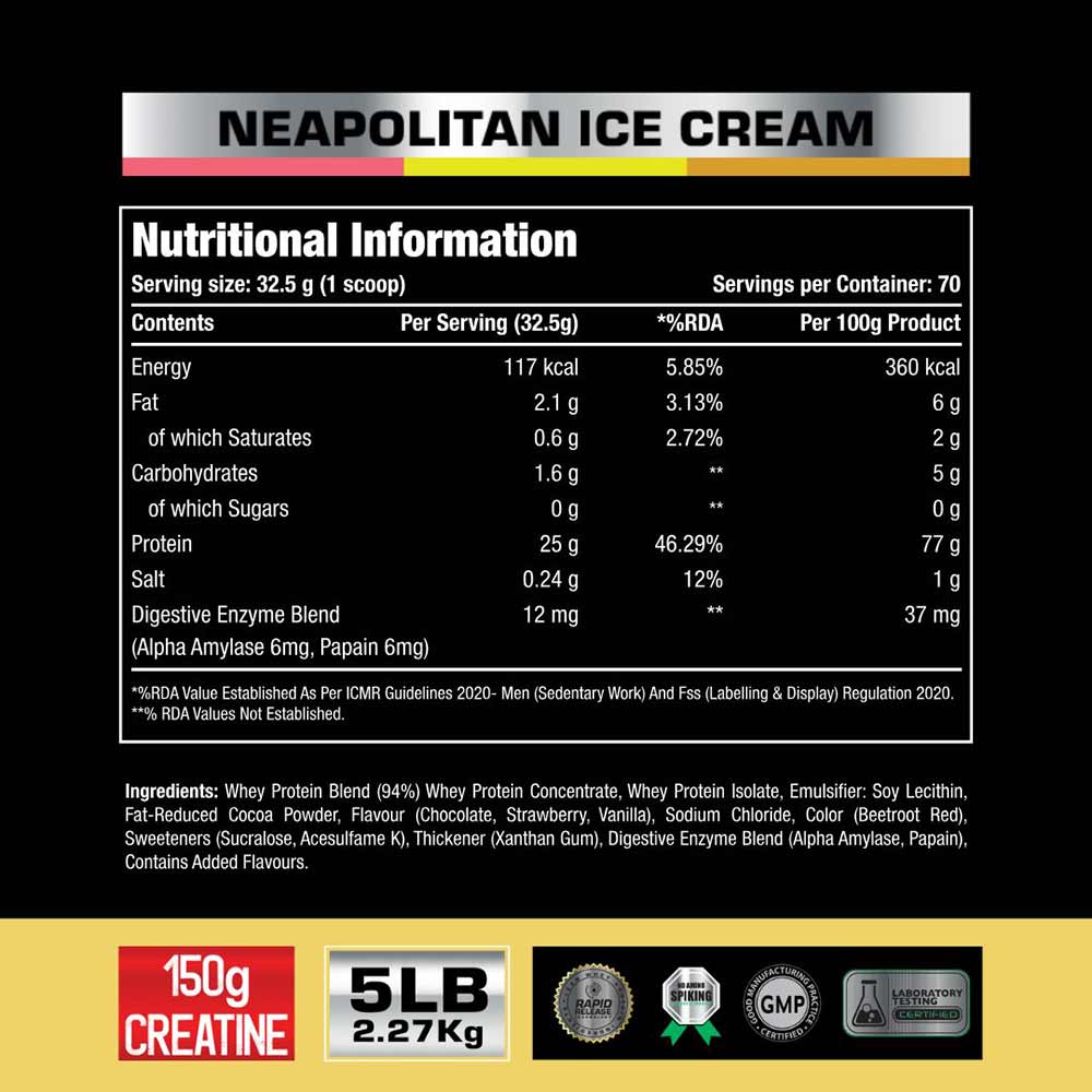 One Science 100% Premium Whey Protein,  5 lb  Neapolitan Ice Cream - with Free 150g Creatine 