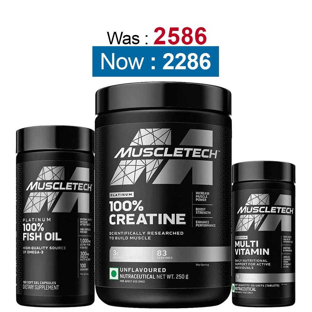 MuscleTech Platinum 100% Creatine Unflavoured 0.55 lb, Platinum100% Fish Oil 100 softgels & Platinum Multi Vitamin Combo,  60 tablet(s)  Unflavoured 