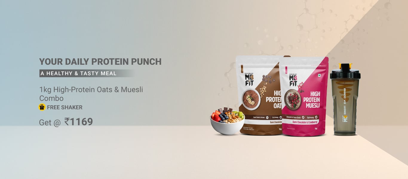 High Protein Oats Dark Chocolate & High Protein Muesli Dark Chocolate & Cranberry 1 kg Combo @ 1169 + Free Shaker