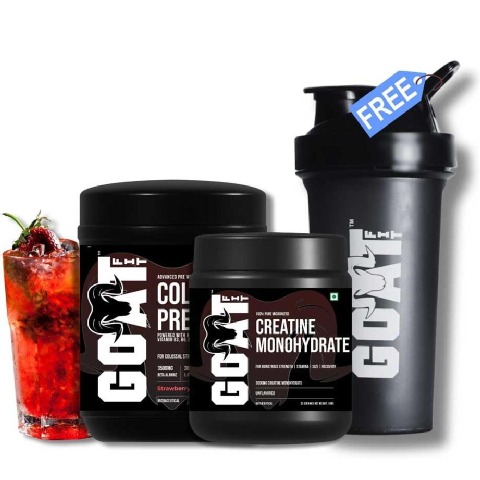 1 - G.O.A.T Fit Colossal Pre Workout 0.39 lb & Creatine Monohydrate 0.22 lb Combo with Free Shaker,  3 Piece(s)/Pack  Strawberry Kiwi & Unflavoured 